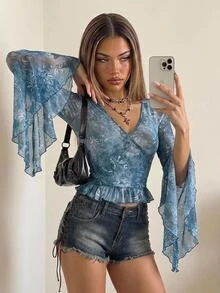 SHEIN ICON Vintage Print Sheer V-Neck Flare Sleeve Top For Women,Summer Top - Blue - View 3