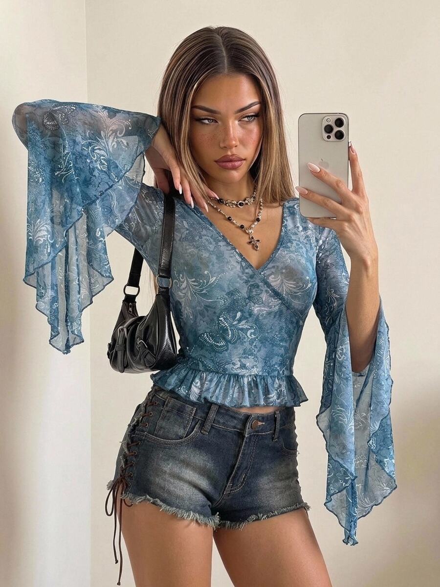 SHEIN ICON 复古印花透视V领喇叭袖女式上衣 - 藍色 - 查看 1