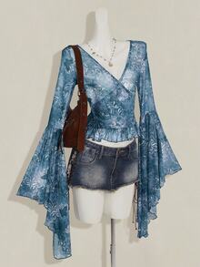 SHEIN ICON Vintage Print Sheer V-Neck Flare Sleeve Top For Women,Summer Top - Blue - View 9