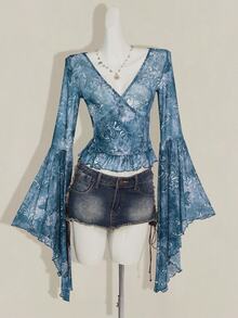 SHEIN ICON Vintage Print Sheer V-Neck Flare Sleeve Top For Women,Summer Top - Blue - View 4