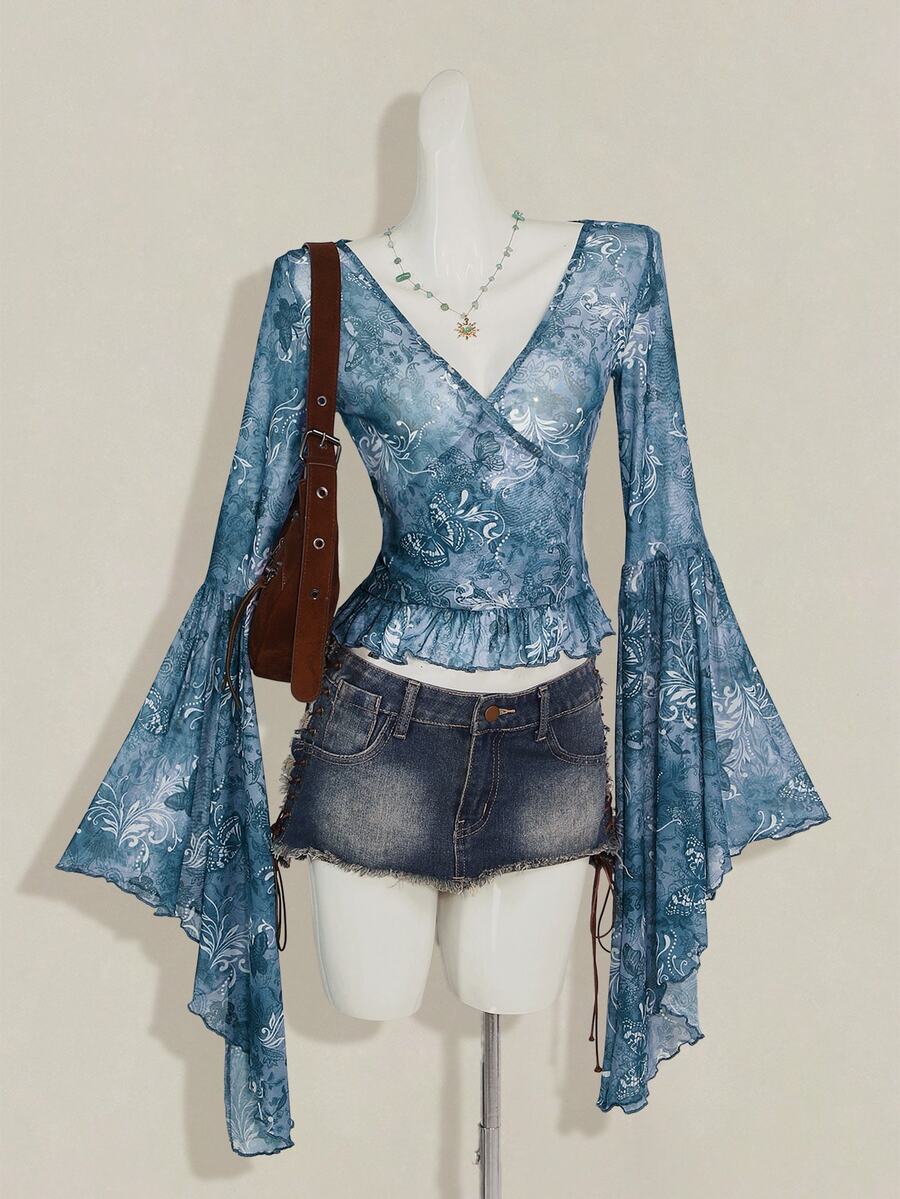 SHEIN ICON Vintage Print Sheer V-Neck Flare Sleeve Top For Women,Summer Top - Blue - View 1