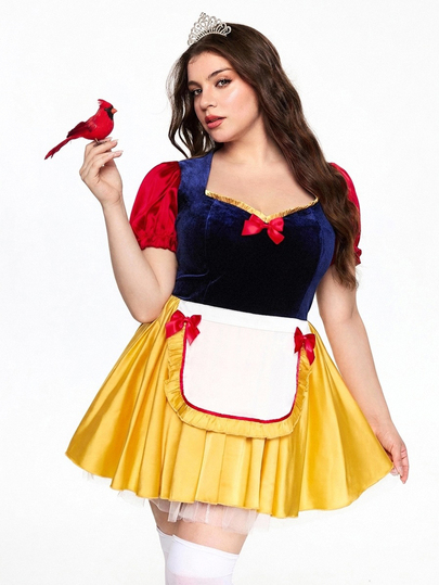 ROMWE Avant Halloween Cosplay Fairy Tale Princess Style Party Red & Blue Contrast Bow Slim Fit Flattering Plus Size Dress