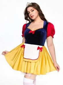 ROMWE Avant Halloween Cosplay Fairy Tale Princess Style Party Red & Blue Contrast Bow Slim Fit Flattering Plus Size Dress - Multicolor - View 4