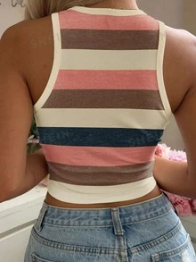 SHEIN EZwear 休閒極簡度假波希米亞優雅浪漫復古條紋印花女款圓領修身背心，海灘穿搭度假穿著，適合夏季 - 彩色 - 查看 2