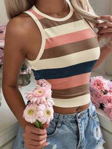SHEIN EZwear 休閒極簡度假波希米亞優雅浪漫復古條紋印花女款圓領修身背心，海灘穿搭度假穿著，適合夏季 - 彩色 - 查看 4