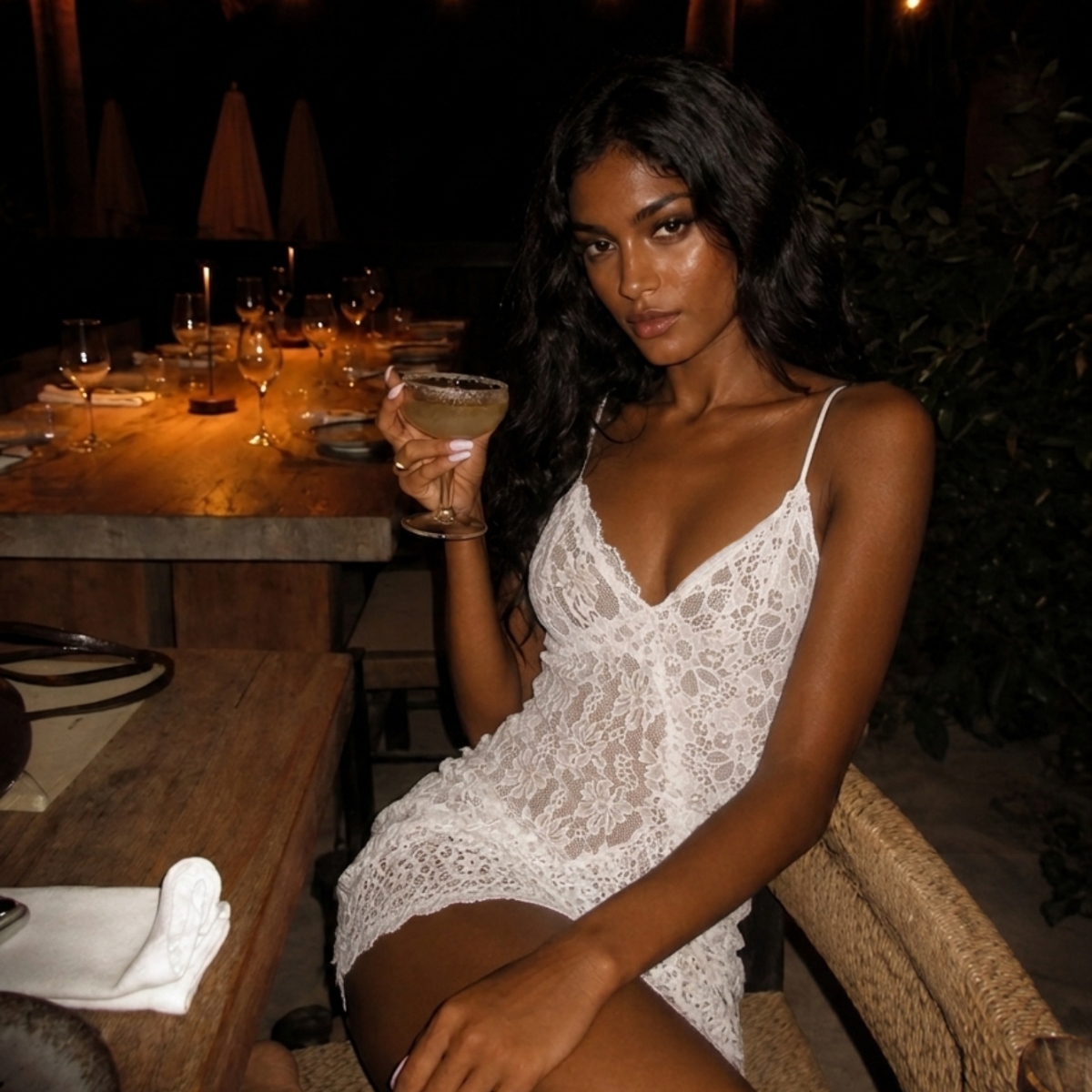 White Lace Asymmetric Neck Sheer Beach Mini Dress, view 9