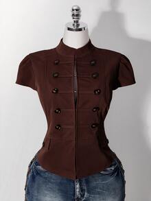 SHEIN ICON Women's Plus Size Short Sleeve Double-Breasted Jacket - Coffee Brown - View 4