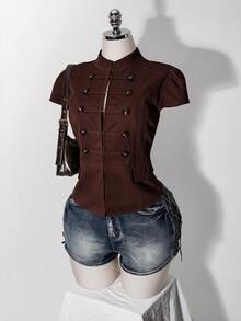 SHEIN ICON Women's Plus Size Short Sleeve Double-Breasted Jacket - Coffee Brown - View 3