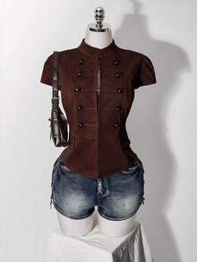 SHEIN ICON Women's Plus Size Short Sleeve Double-Breasted Jacket - Coffee Brown - View 5