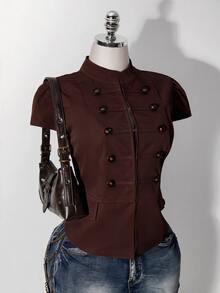 SHEIN ICON Women's Plus Size Short Sleeve Double-Breasted Jacket - Coffee Brown - View 8