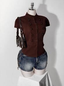 SHEIN ICON Women's Plus Size Short Sleeve Double-Breasted Jacket - Coffee Brown - View 7