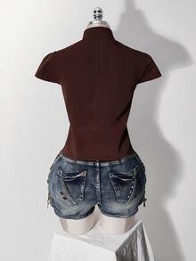 SHEIN ICON Women's Plus Size Short Sleeve Double-Breasted Jacket - Coffee Brown - View 2