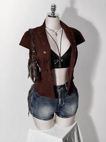 SHEIN ICON Women's Plus Size Short Sleeve Double-Breasted Jacket - Coffee Brown - View 10
