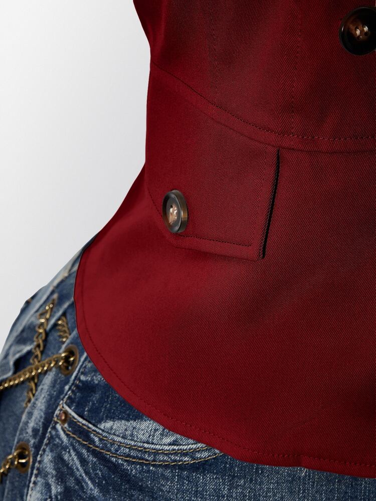 SHEIN ICON Damjacka i plus size, enfärgad, med korta ärmar, dragkedja fram och dubbelknäppning - Bourgogne - Visa 4