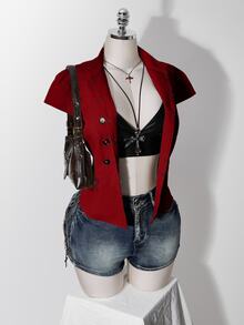 SHEIN ICON 女款大尺碼純色短袖拉鍊前襟雙排扣夾克 - 酒紅色 - 查看 5