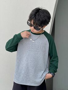 SHEIN 兒童青少年男孩休閒學院風拼接撞色壓紋圓領長袖T恤，舒適時尚簡約百搭柔軟面料，適合日常穿著、上學、旅行、戶外運動，四季皆宜 - 灰色 - 查看 3
