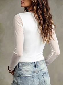 Trelyra Body de manga larga con panel de escote corazón blanco transparente para mujer, top de cuello redondo con patchwork de malla, ajuste ceñido, ropa elegante para ocasiones, uso diario, ir al trabajo y citas - Blanco - Ver 2