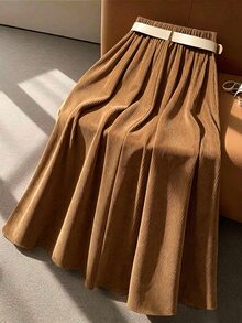 SHEIN Franclia 女款純色百褶休閒優雅百搭日常穿著裙 適合早午餐、辦公室工作 棕色系 夏季 - 駝色 - 查看 2