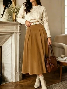 SHEIN Franclia 女款純色百褶休閒優雅百搭日常穿著裙 適合早午餐、辦公室工作 棕色系 夏季 - 駝色 - 查看 4