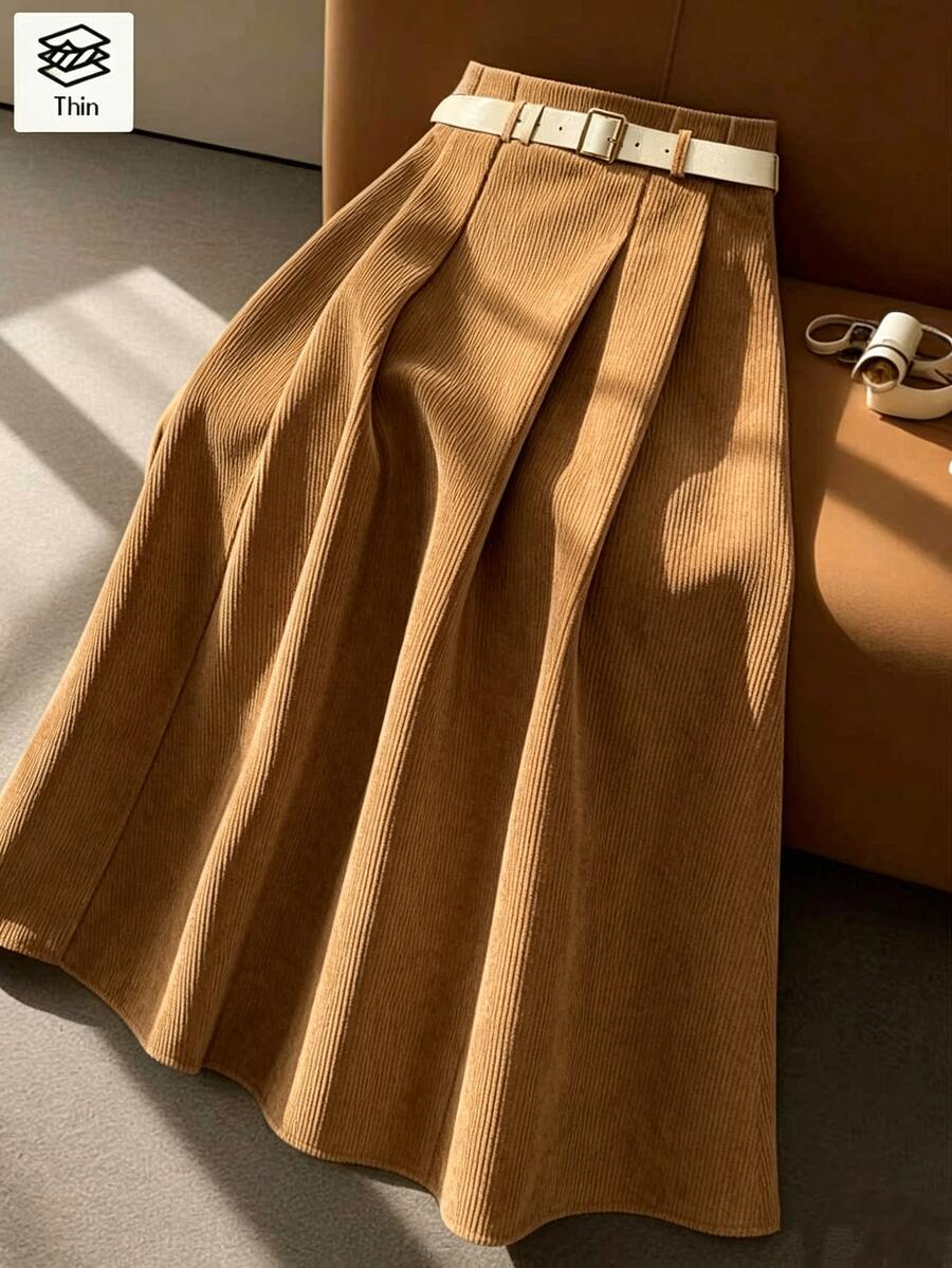 SHEIN Franclia 女款純色百褶休閒優雅百搭日常穿著裙 適合早午餐、辦公室工作 棕色系 夏季 - 駝色 - 查看 1