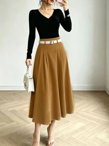 SHEIN Franclia 女款純色百褶休閒優雅百搭日常穿著裙 適合早午餐、辦公室工作 棕色系 夏季 - 駝色 - 查看 5