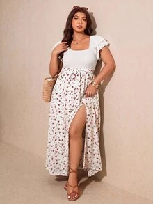 Elaquor 大尺碼女款拼接碎花開衩下擺方領優雅洋裝 - 白色 - 查看 6