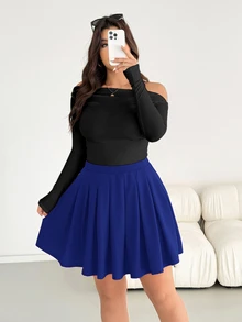 SHEIN Essnce Rok Lipit Kasual Serbaguna Warna Polos untuk Wanita Ukuran Plus - Royal Blue - View 5