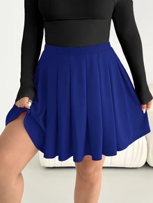 SHEIN Essnce Rok Lipit Kasual Serbaguna Warna Polos untuk Wanita Ukuran Plus - Royal Blue - View 2