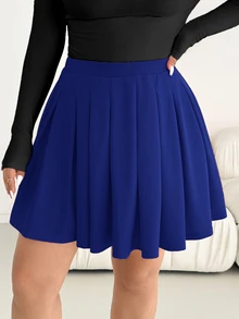SHEIN Essnce Rok Lipit Kasual Serbaguna Warna Polos untuk Wanita Ukuran Plus - Royal Blue - View 6