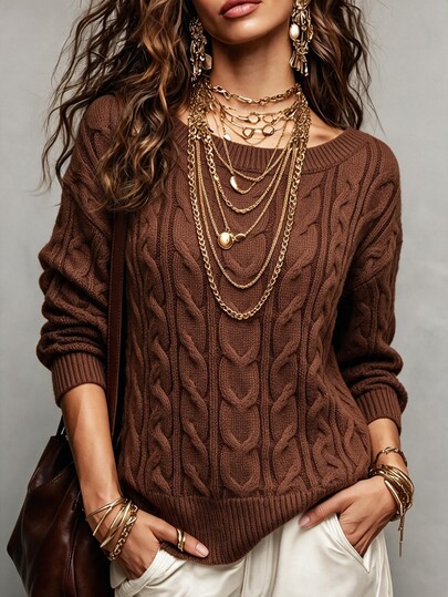Omancia Elegant Cable Knit Long Sleeve Sweater For Women