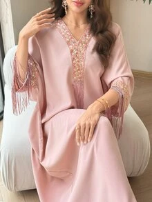 Yasmyna V領花卉緞帶亮片流蘇裝飾淺粉色阿拉伯風婚禮流蘇禮服 秋冬洗禮賓客正式端莊優雅洋裝 - 粉色 - 查看 8