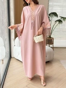 Yasmyna V領花卉緞帶亮片流蘇裝飾淺粉色阿拉伯風婚禮流蘇禮服 秋冬洗禮賓客正式端莊優雅洋裝 - 粉色 - 查看 3