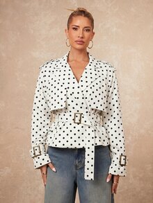 Lumalex 女款時尚黑白波點短款風衣，優雅落肩袖翻領雙排扣收腰夾克，適合辦公室、度假、秋季 - 杏色 - 查看 9