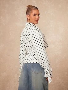 Lumalex 女款時尚黑白波點短款風衣，優雅落肩袖翻領雙排扣收腰夾克，適合辦公室、度假、秋季 - 杏色 - 查看 4