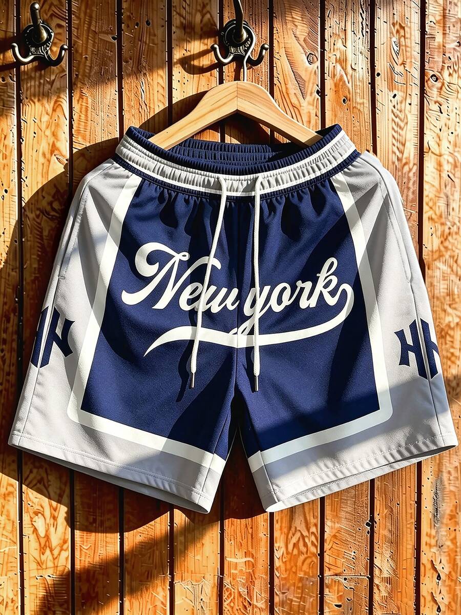 Manfinity Campus Court Men's Casual Letter Print Contrast Color Drawstring Waist Shorts - Multicolor - View 1