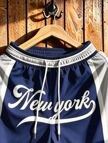 Manfinity Campus Court Men's Casual Letter Print Contrast Color Drawstring Waist Shorts - Multicolor - View 4