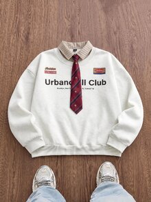 SWAVVY 男士春秋休閒標準尺寸黑色翻領刺繡套頭運動衫 - 杏色 - 查看 1
