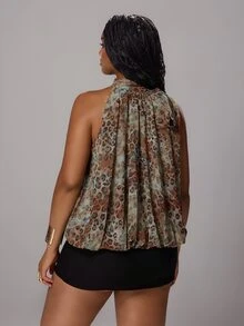 Rustia Plus Size Women's Halter Neck Tie Front Leopard Print Blouse - Blue - View 2