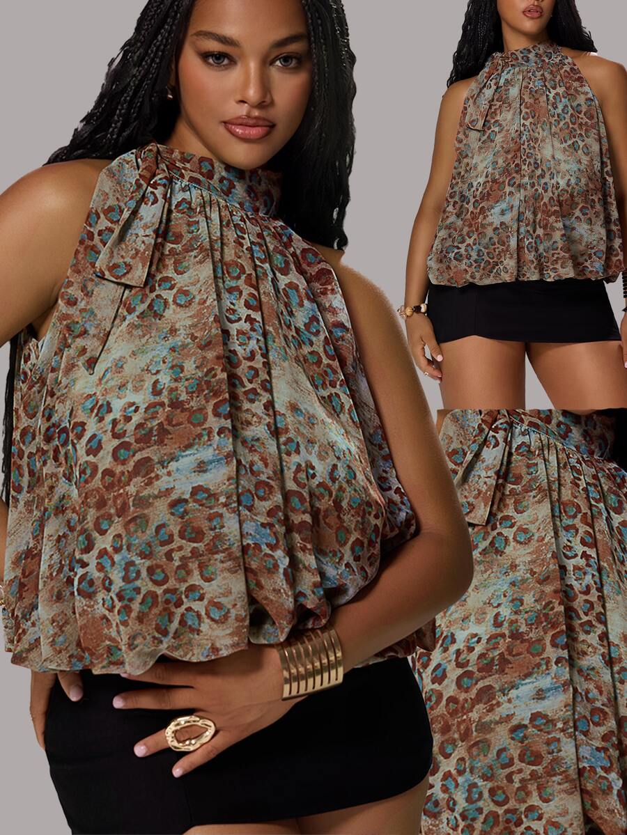 Rustia Plus Size Women's Halter Neck Tie Front Leopard Print Blouse - Blue - View 1