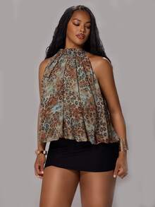 Rustia Plus Size Women's Halter Neck Tie Front Leopard Print Blouse - Blue - View 5