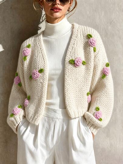 LUMIGAL Women's 3D Floral Decor Drop Shoulder Long Sleeve Knit Cardigan