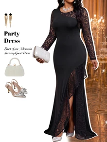 Fleurora Plus Size Women Lace Patchwork Split Design Casual Party Dress - Black - View 7