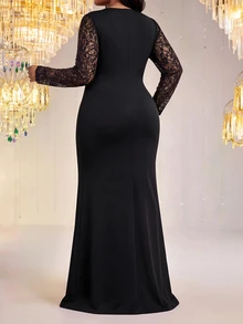 Fleurora Plus Size Women Lace Patchwork Split Design Casual Party Dress - Black - View 2