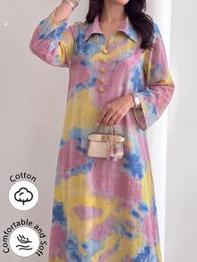 Yasmyna Collared Front Button Cotton Printed Multicolor Long Shirt Autumn Vacation Saudi National Day - Multicolor - View 2