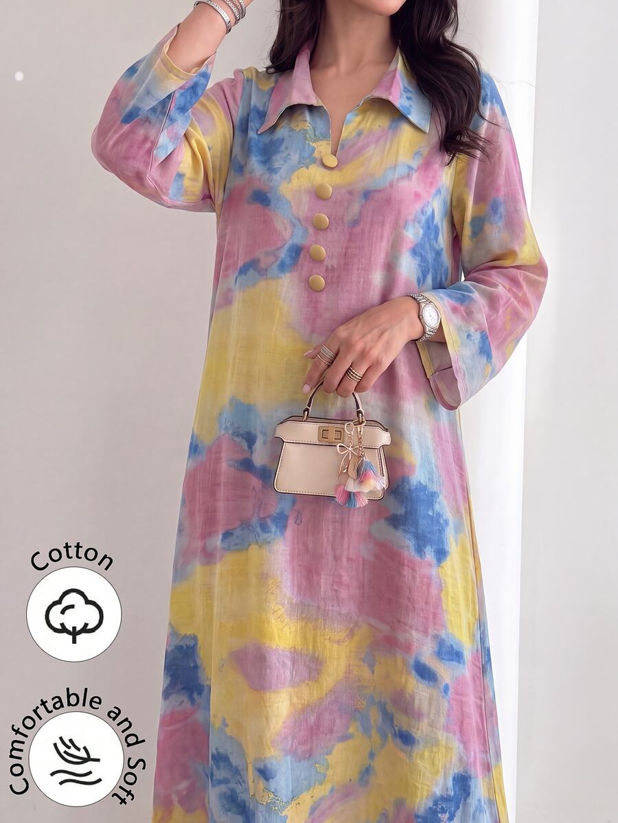 Yasmyna Collared Front Button Cotton Printed Multicolor Long Shirt Autumn Vacation Saudi National Day