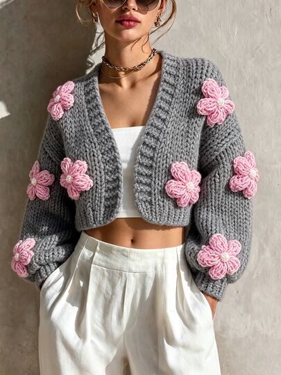 LUMIGAL Women's Autumn/Winter Casual Romantic Cute 3D Floral Decor Cardigan Brunch Pink And Grey,Autumn And Winter