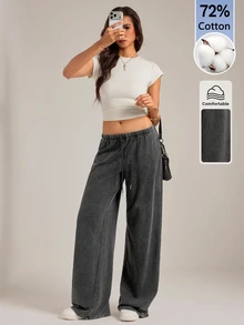 SHEIN Tall Women's Casual Low Waist Straight Leg Sweatpants, Suitable For Autumn/Winter, Washed - Black - View 4