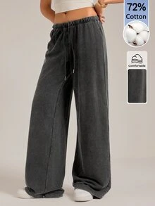 SHEIN Tall Women's Casual Low Waist Straight Leg Sweatpants, Suitable For Autumn/Winter, Washed - Black - View 6