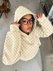 SHEIN 青少年女孩休閒時尚波點圖案厚實舒適柔軟連帽衛衣，適合秋冬日常、街頭、戶外、Y2K、運動、校園、返校，甜美女孩風 - 白色 - 查看 7