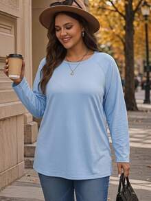 Rosumi Plus Size Round Neck Long Sleeve Casual Loose Soft Appealing Autumn T-Shirt, Formal Office Light Blue - Baby Blue - View 4